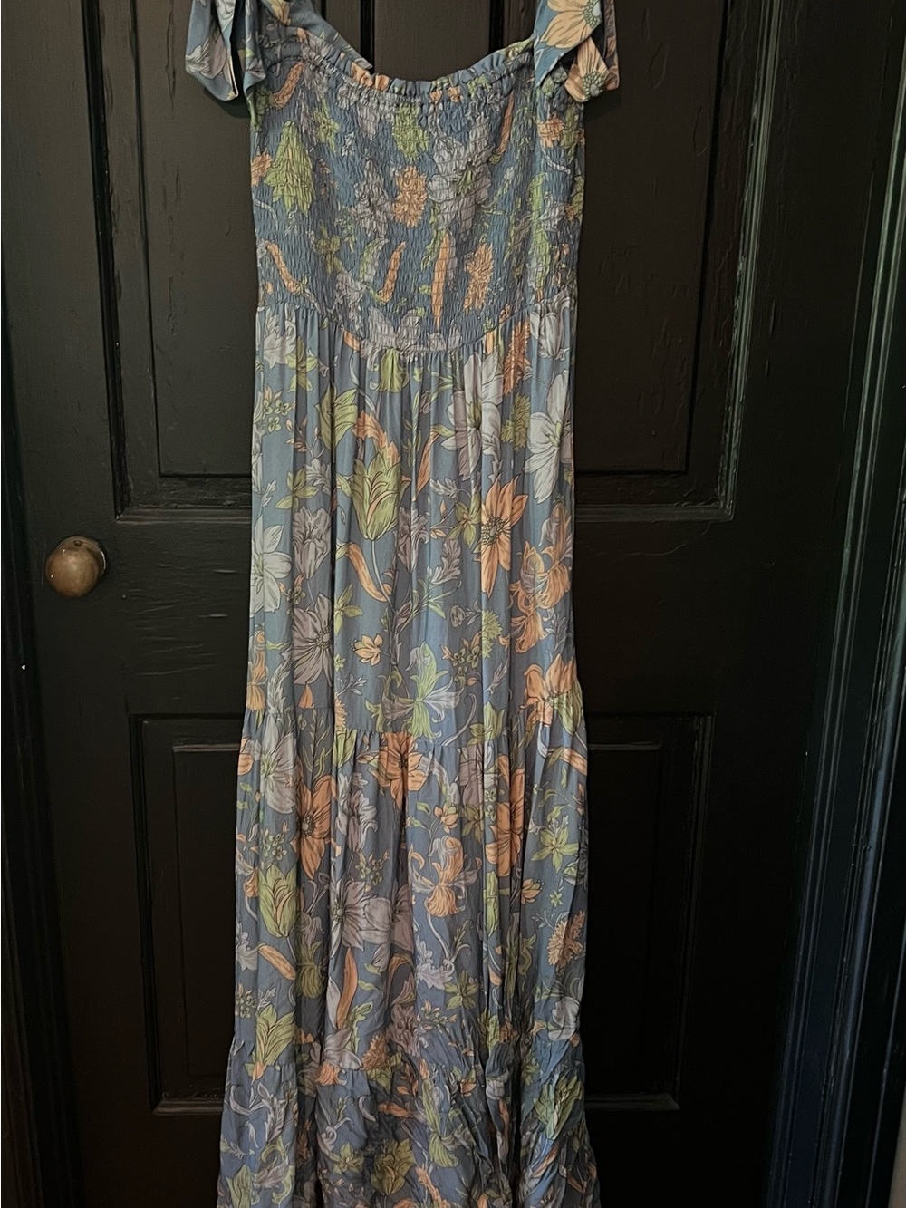 Smocked Floral Maxi Dress in Dusty Blue and Peach